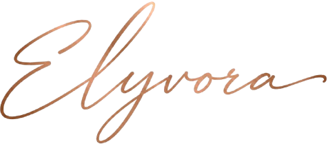 Rose gold metallic cursive script spelling 'Elyvora' on a solid white background.